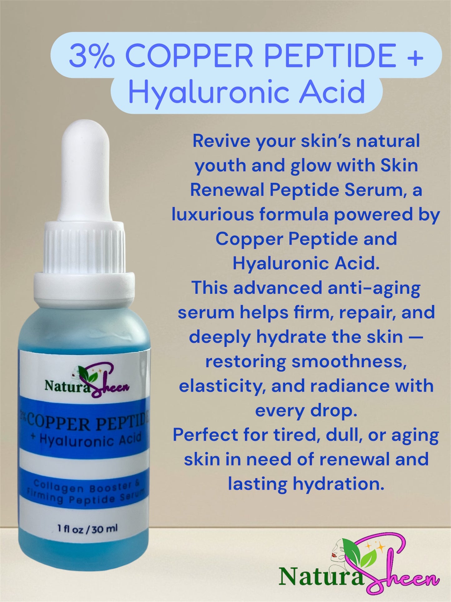 3% Copper Peptide + Hyaluronic Acid Serum Collagen Booster Firms Tightens Plumps Skin Moisturize Reduce Fine Lines Repair Restore Moisturizer Smoother Lightweight