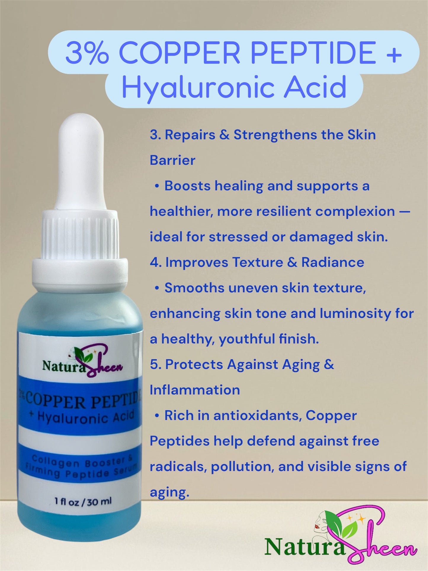 3% Copper Peptide + Hyaluronic Acid Serum Collagen Booster Firms Tightens Plumps Skin Moisturize Reduce Fine Lines Repair Restore Moisturizer Smoother Lightweight