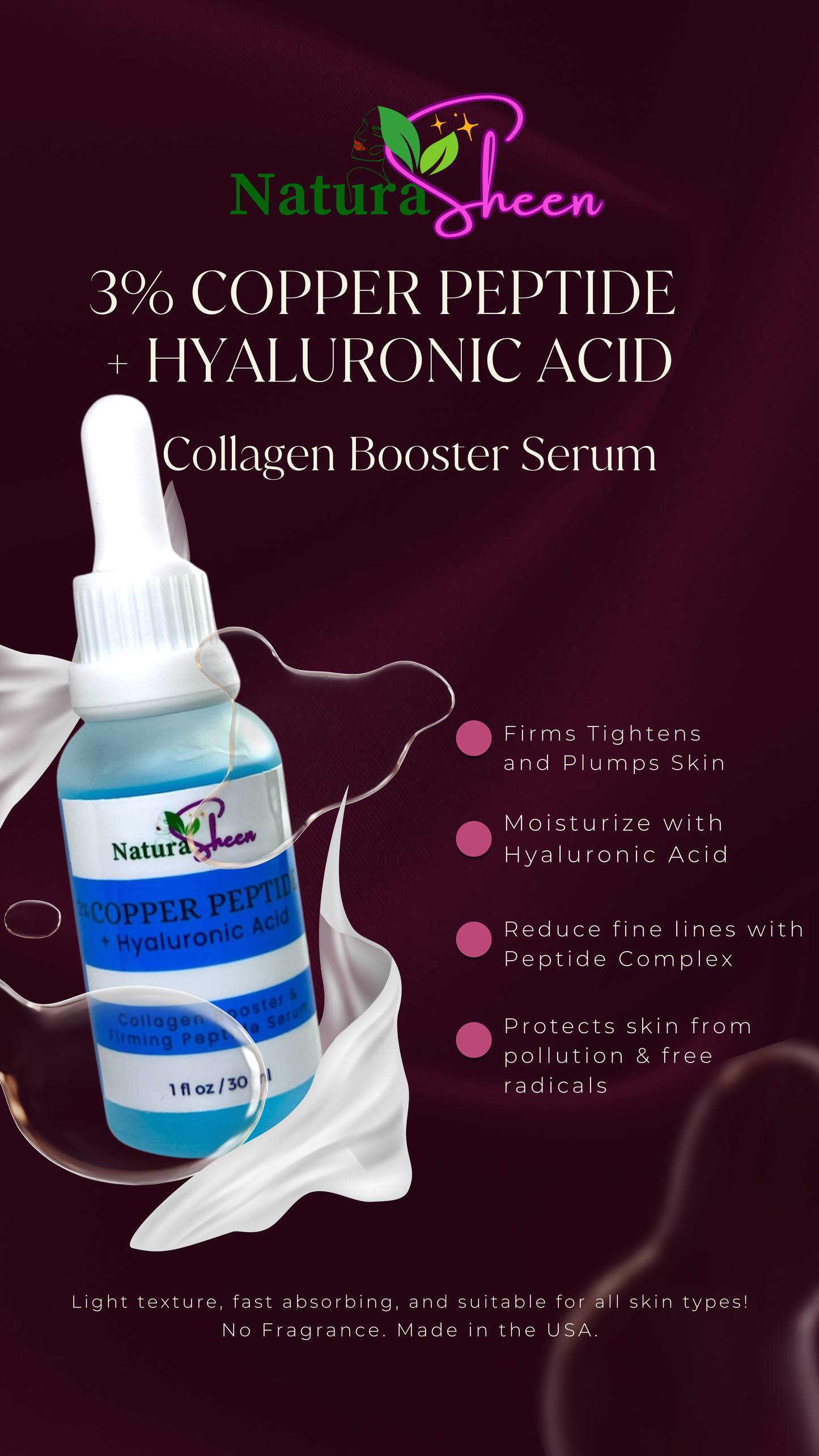 3% Copper Peptide + Hyaluronic Acid Serum Collagen Booster Firms Tightens Plumps Skin Moisturize Reduce Fine Lines Repair Restore Moisturizer Smoother Lightweight