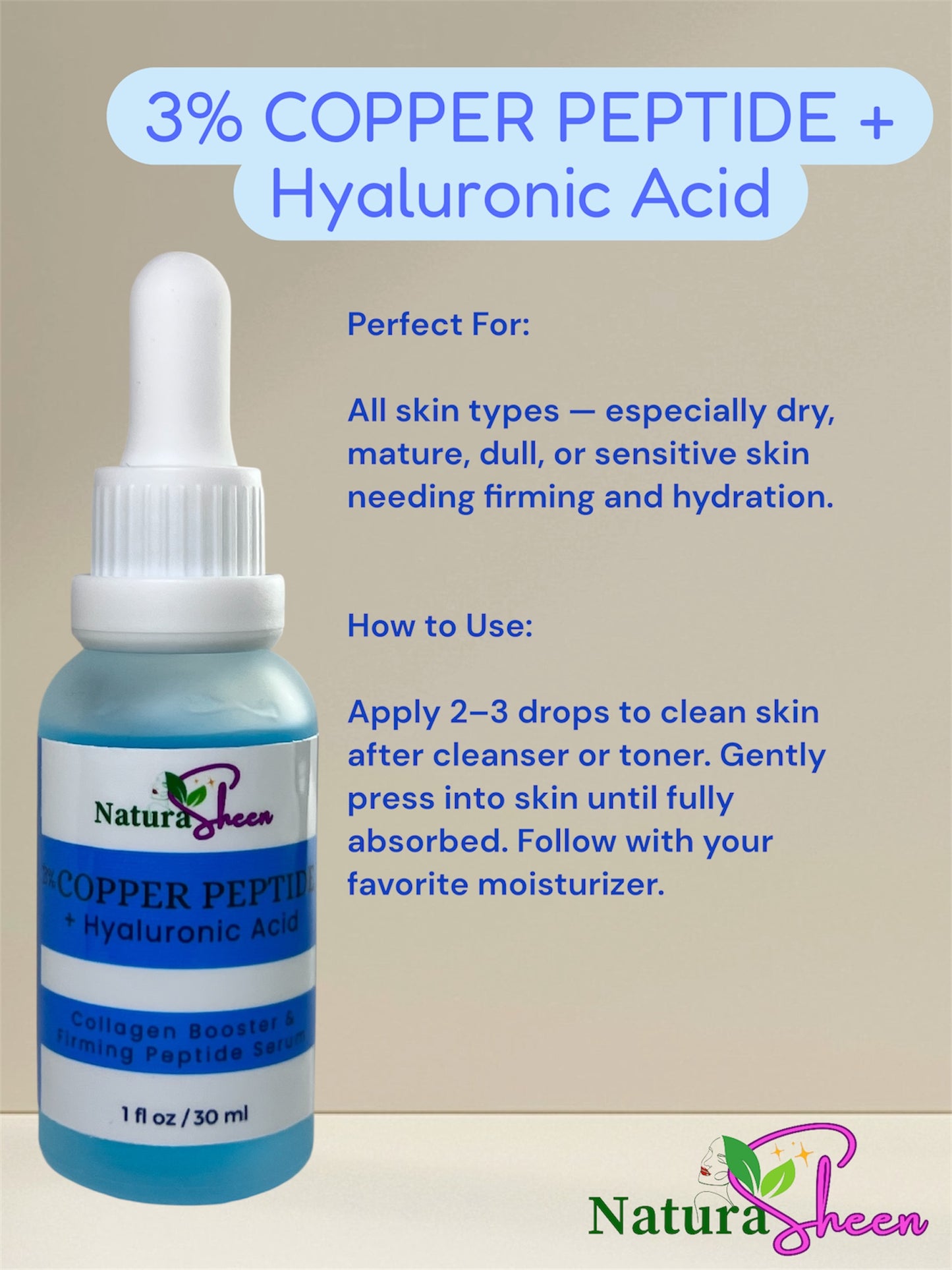 3% Copper Peptide + Hyaluronic Acid Serum Collagen Booster Firms Tightens Plumps Skin Moisturize Reduce Fine Lines Repair Restore Moisturizer Smoother Lightweight