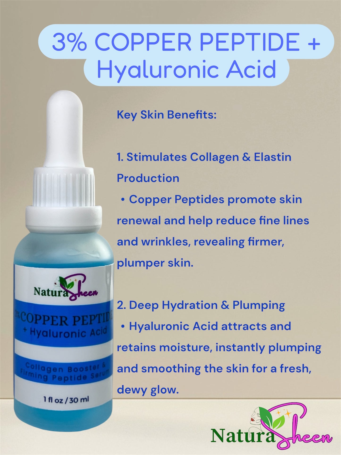 3% Copper Peptide + Hyaluronic Acid Serum Collagen Booster Firms Tightens Plumps Skin Moisturize Reduce Fine Lines Repair Restore Moisturizer Smoother Lightweight