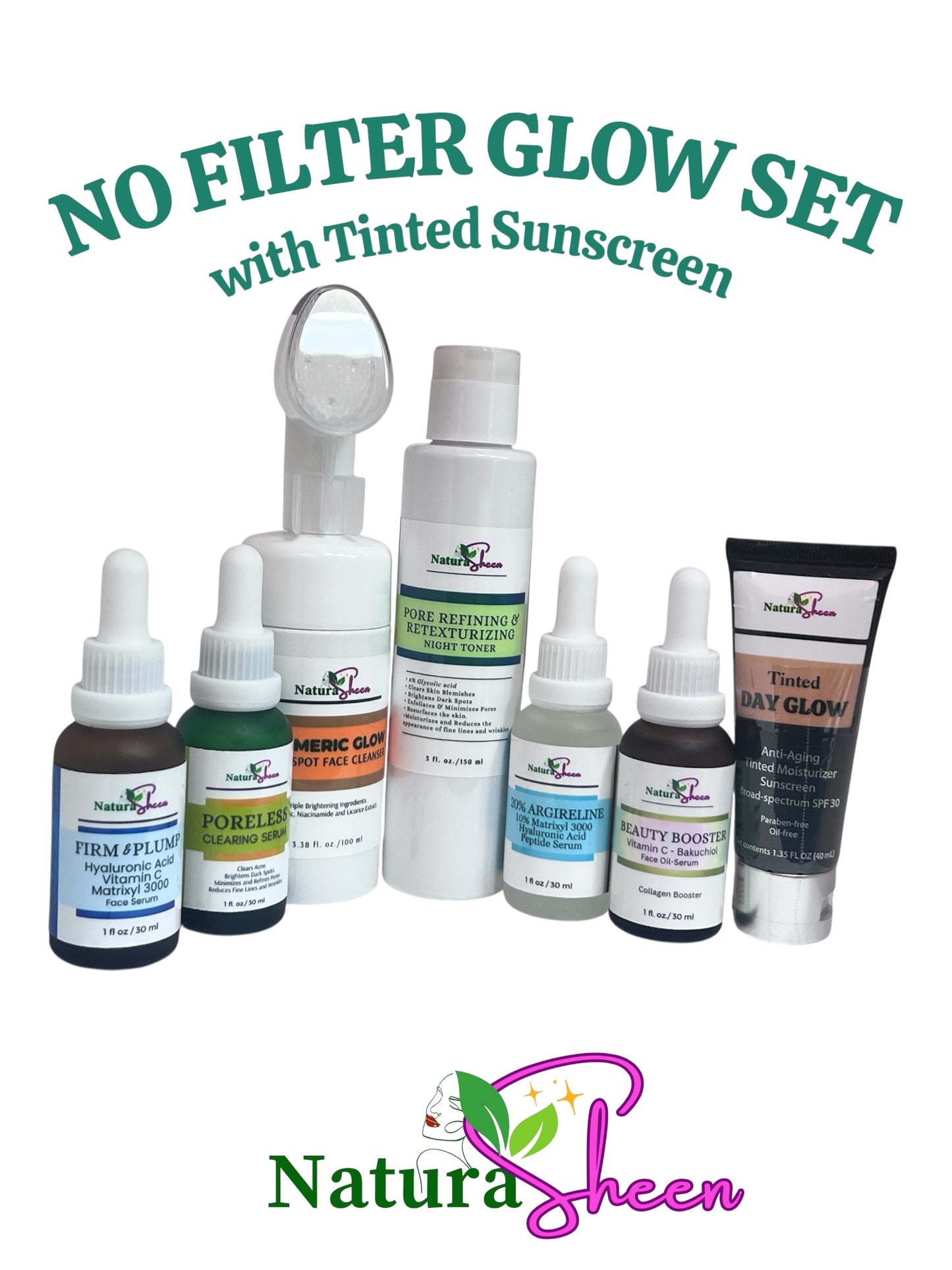 NO FILTER GLOW SET. Naturasheen. Gentle Exfoliant, Retexturizer, Brightener, Pore Minimizer. Clears Skin,
Acne & Blemishes., Hydrates & Plumps, Collagen Builder, Fine Line & Wrinkle Reducer.