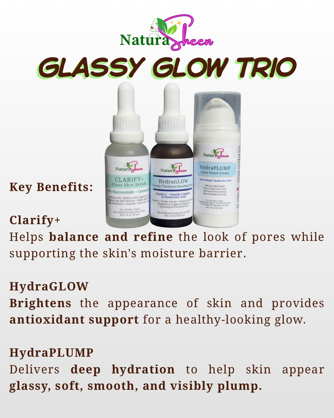 GLASSY GLOW TRIO + Free Gentle Plant Based Cleanser and Toner