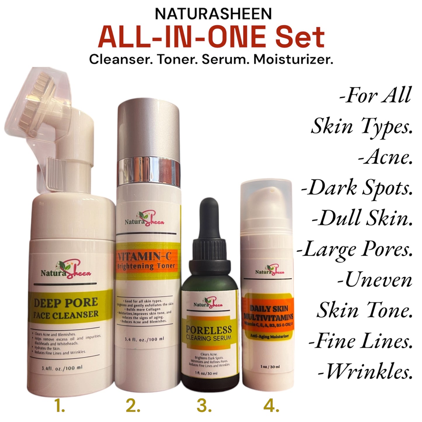 ALL-IN-ONE SET for ACNE, ANTI-AGING,WRINKLES, FINE LINES, DULL SKIN, DRY,OILY SKIN. Glowing Skin with Vit. C Toner,  FRAGRANCE-Free,  Sensitive Skin, All Skin Types Hydrating,Brightening Dark Spots