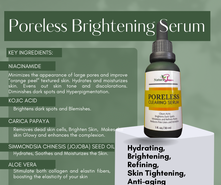 PORELESS CLEARING SERUM 1oz/30ml
(Tighten Skin, Shrink Pores, Clears Acne, helps remove dark spots and blemishes, reduce fine lines and wrinkles)