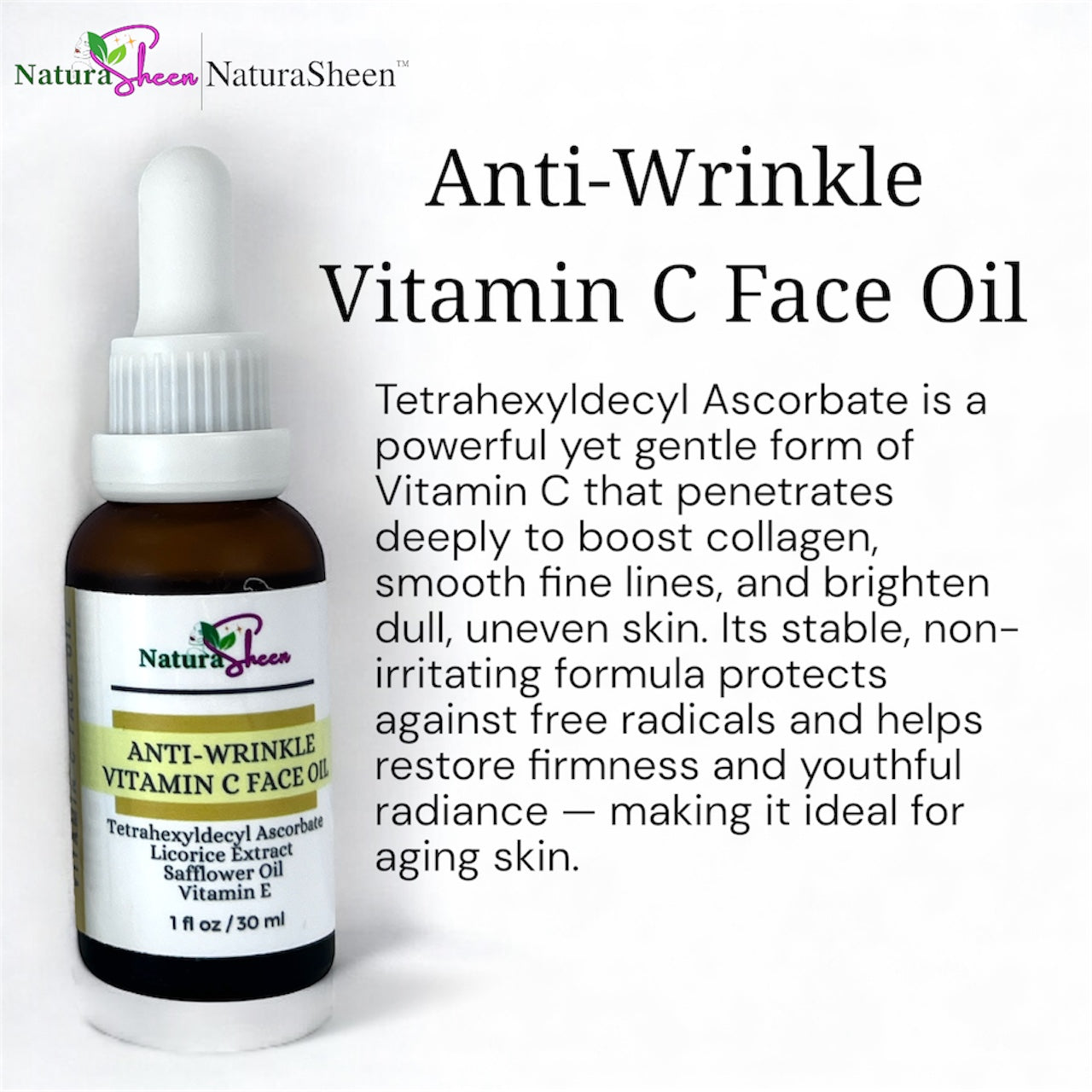 Anti-Wrinkle Vitamin C Face Oil. Tetrahexyldecyl Ascorbate THDA Vitamin C Face Oil with Vitamin E, Safflower Oil, and Licorice Extract. Fragrance Free. No preservatives or artificial dyes. Brightening Radiant Hydrate Moisturize