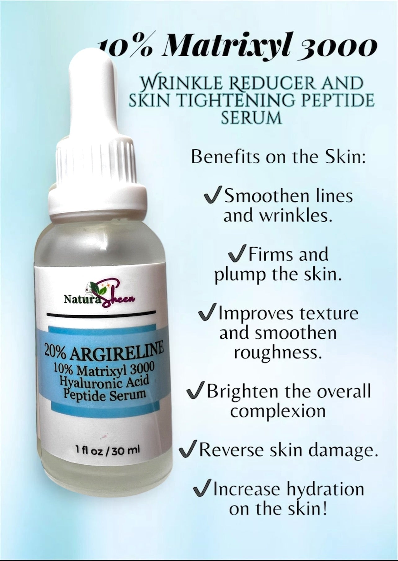 20% Argireline+ Matrixyl 3000 + Hyaluronic Acid. WRINKLE REDUCER AND SKIN TIGHTENING PEPTIDE SERUM