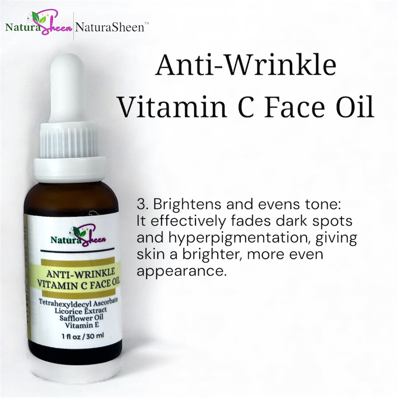 Anti-Wrinkle Vitamin C Face Oil. Tetrahexyldecyl Ascorbate THDA Vitamin C Face Oil with Vitamin E, Safflower Oil, and Licorice Extract. Fragrance Free. No preservatives or artificial dyes. Brightening Radiant Hydrate Moisturize