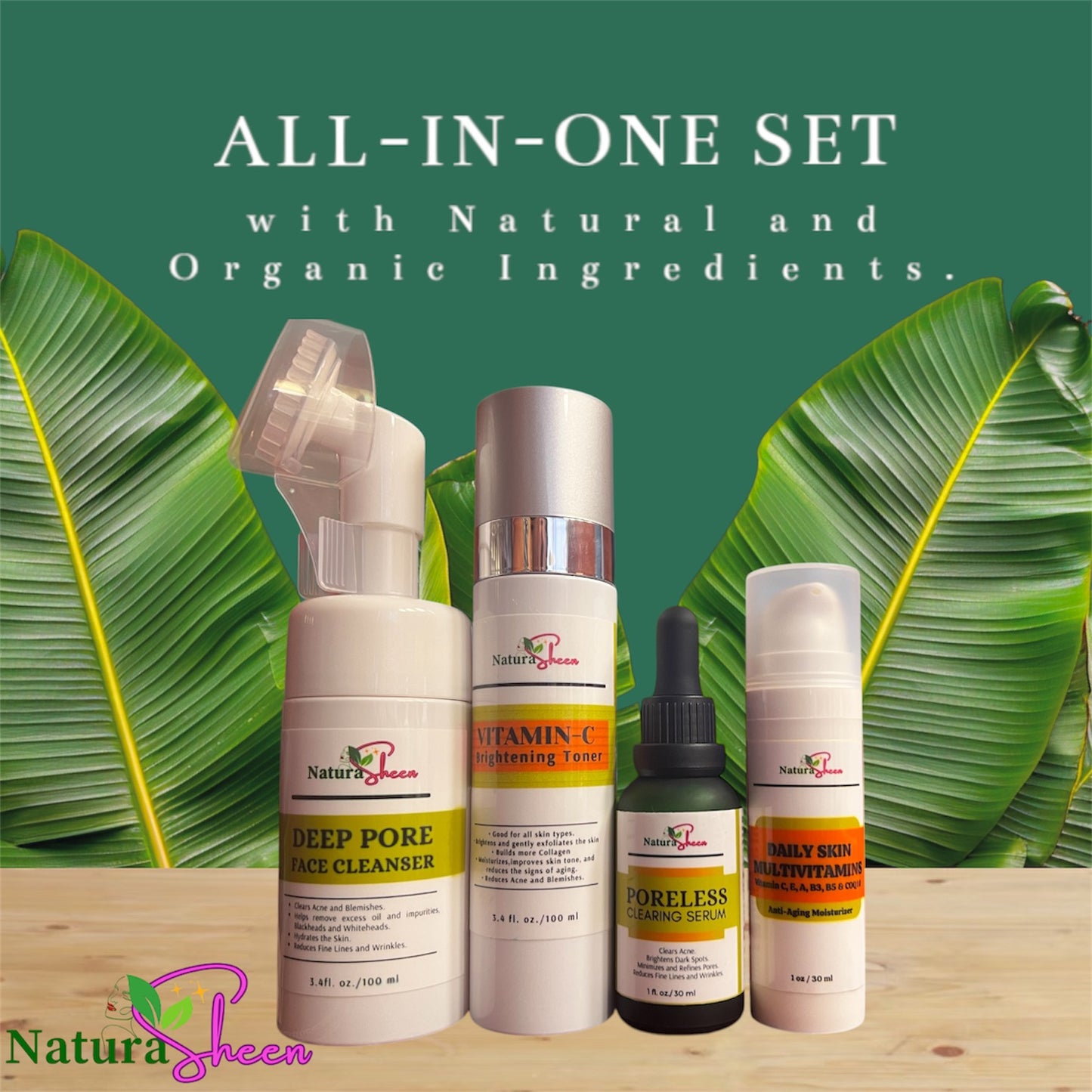 ALL-IN-ONE SET for ACNE, ANTI-AGING,WRINKLES, FINE LINES, DULL SKIN, DRY,OILY SKIN. Glowing Skin with Vit. C Toner,  FRAGRANCE-Free,  Sensitive Skin, All Skin Types Hydrating,Brightening Dark Spots