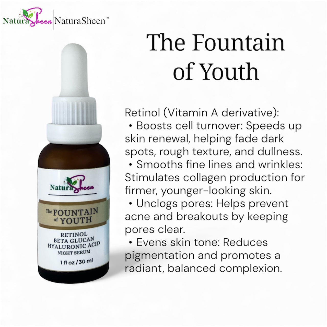 RETINOL + Hyaluronic Acid “The Fountain of Youth” Serum. Retinol, Hyaluronic Acid, Licorice Extract,