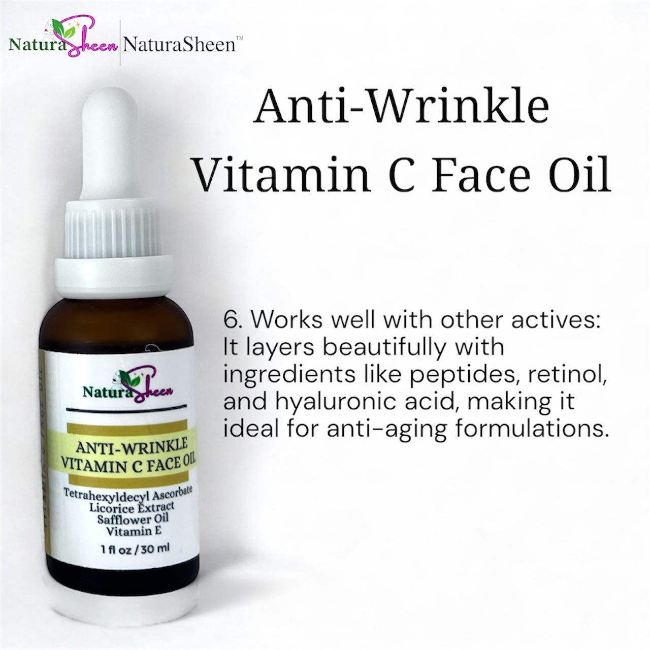 Anti-Wrinkle Vitamin C Face Oil. Tetrahexyldecyl Ascorbate THDA Vitamin C Face Oil with Vitamin E, Safflower Oil, and Licorice Extract. Fragrance Free. No preservatives or artificial dyes. Brightening Radiant Hydrate Moisturize