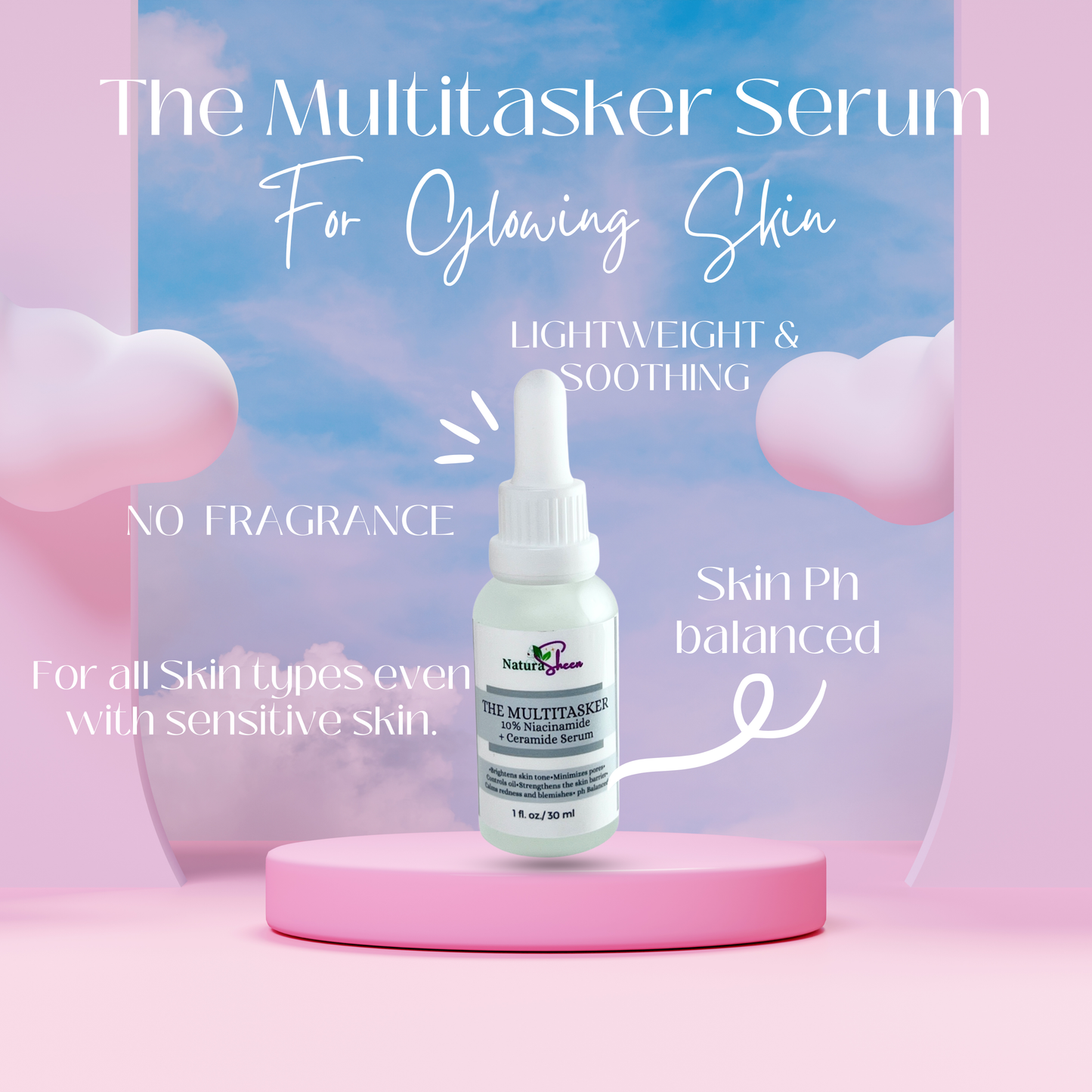 THE MULTITASKER 10% Niacinamide + Ceramide Serum.  Brighten hyperpigmentation, helps clear acne, Pore Minimizer, reduces redness or rosacea, reduces fine lines