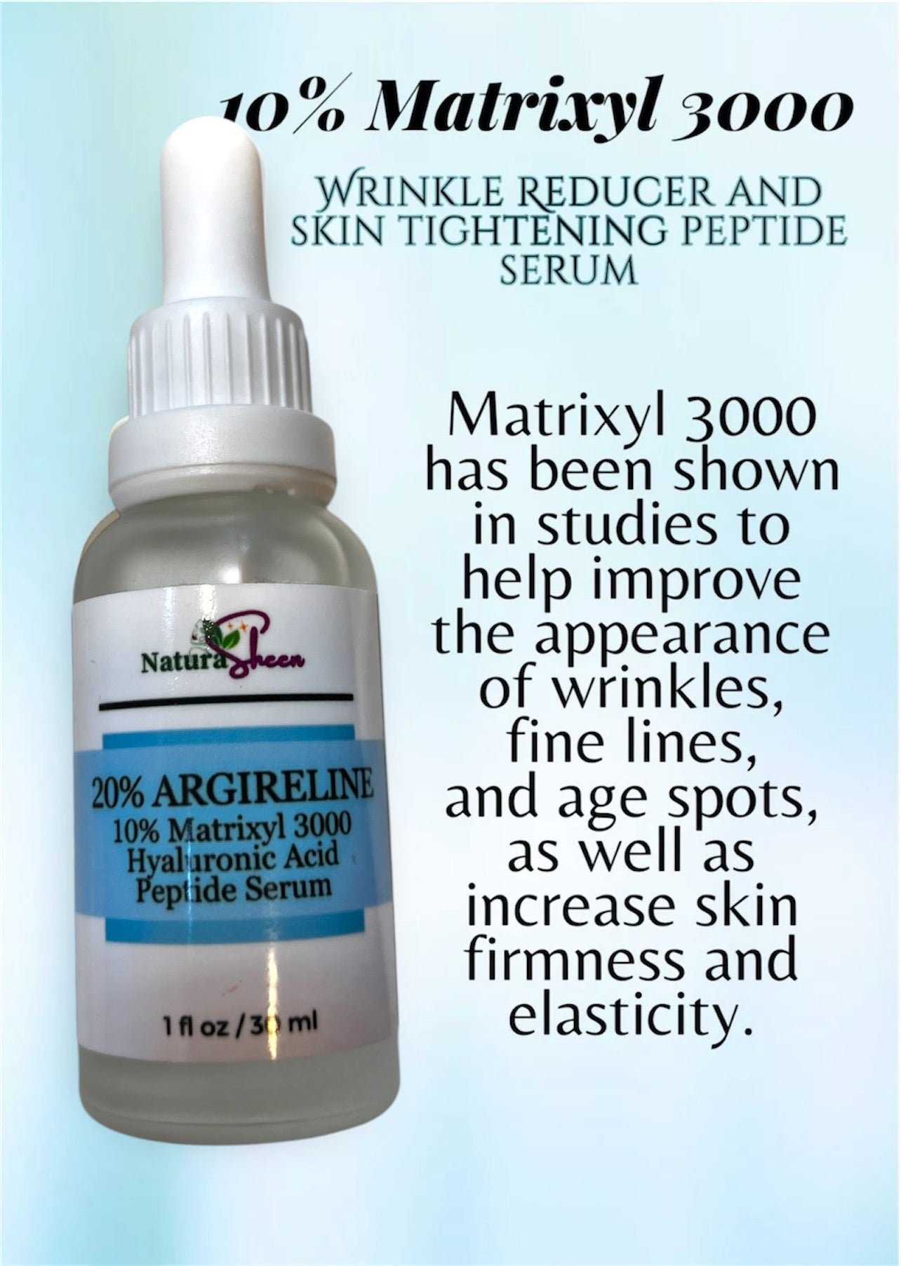 20% Argireline+ Matrixyl 3000 + Hyaluronic Acid. WRINKLE REDUCER AND SKIN TIGHTENING PEPTIDE SERUM