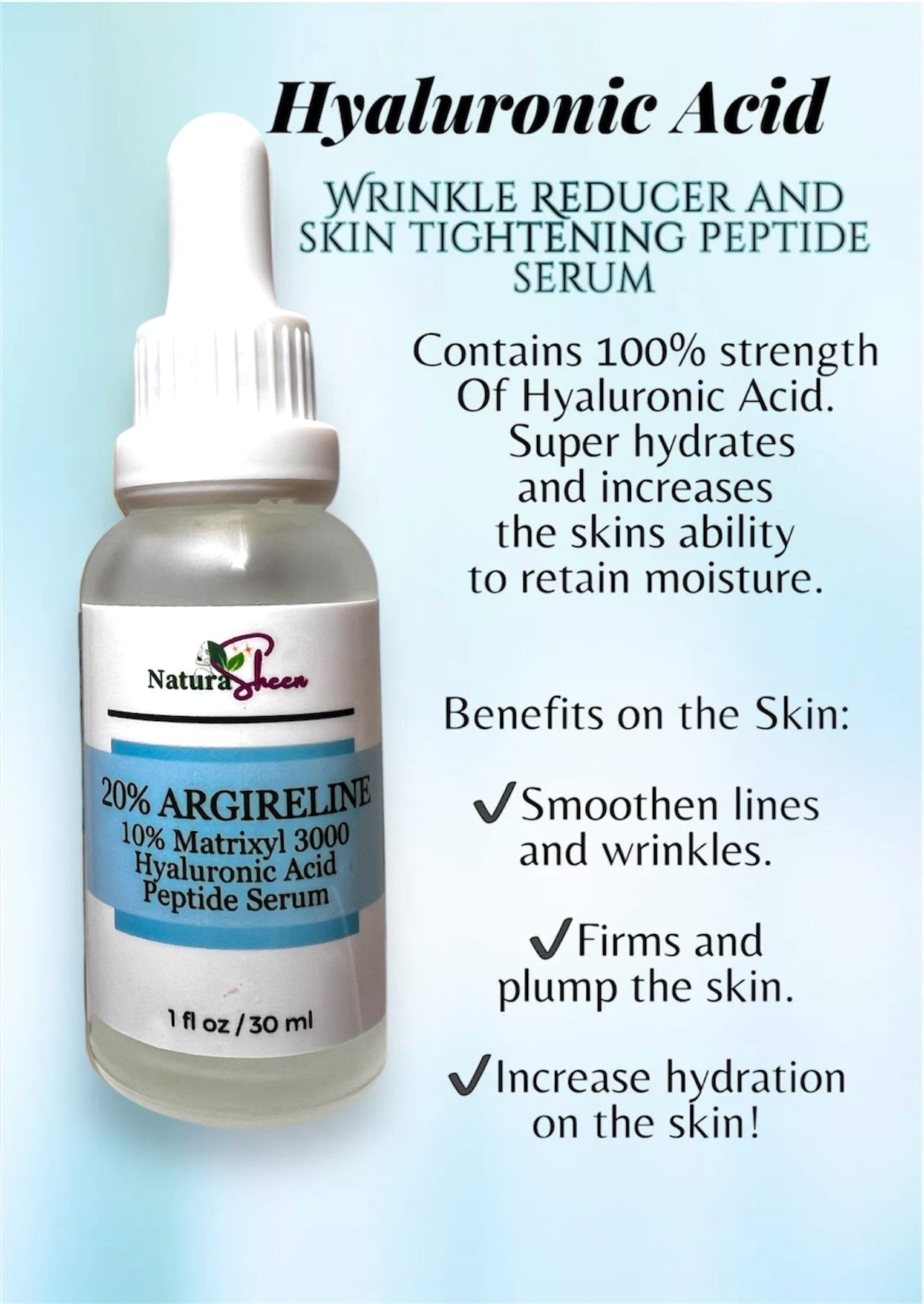 20% Argireline+ Matrixyl 3000 + Hyaluronic Acid. WRINKLE REDUCER AND SKIN TIGHTENING PEPTIDE SERUM