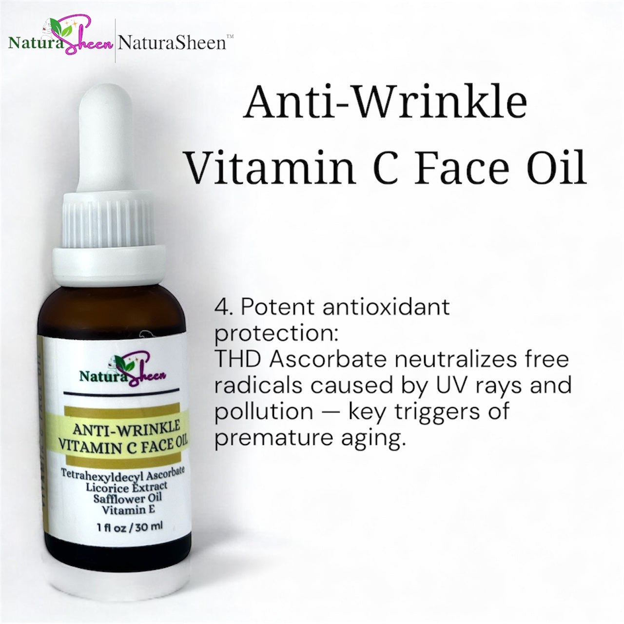 Anti-Wrinkle Vitamin C Face Oil. Tetrahexyldecyl Ascorbate THDA Vitamin C Face Oil with Vitamin E, Safflower Oil, and Licorice Extract. Fragrance Free. No preservatives or artificial dyes. Brightening Radiant Hydrate Moisturize