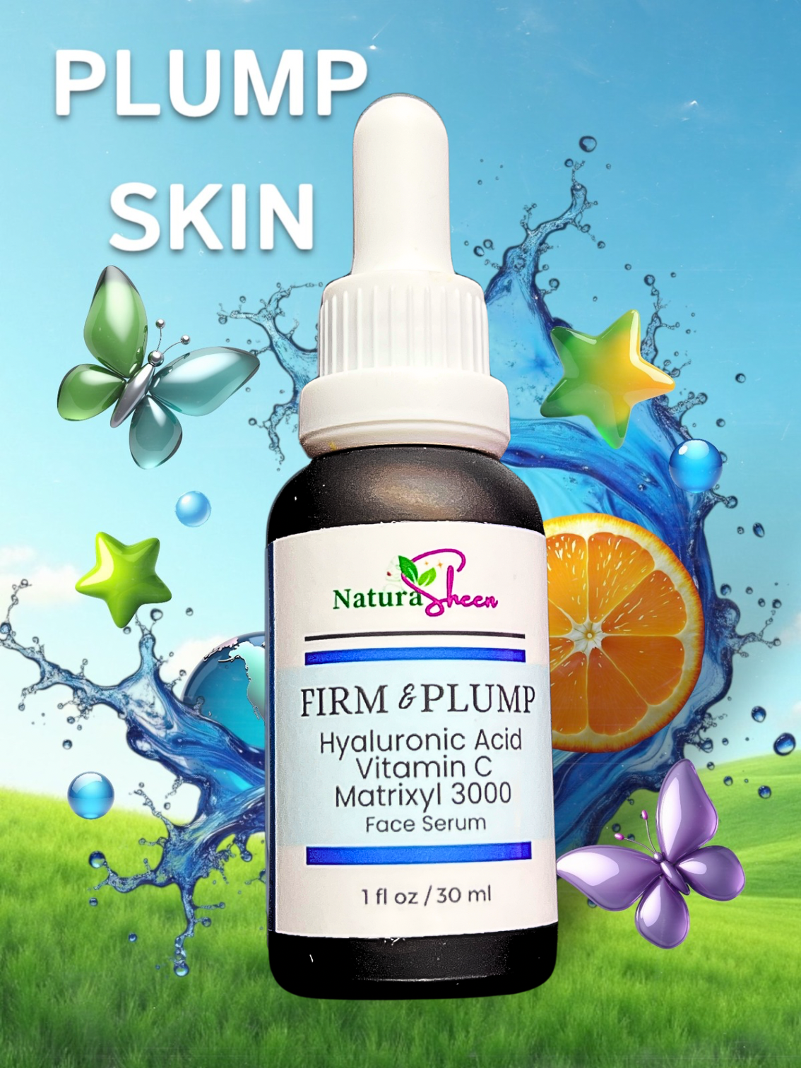 FIRM & PLUMP. HYALURONIC ACID + VITAMIN C + MATRIXYL 3000 TM SERUM. BRIGHTENING, ANTI-AGING,MOISTURIZING, WRINKLE REDUCER.