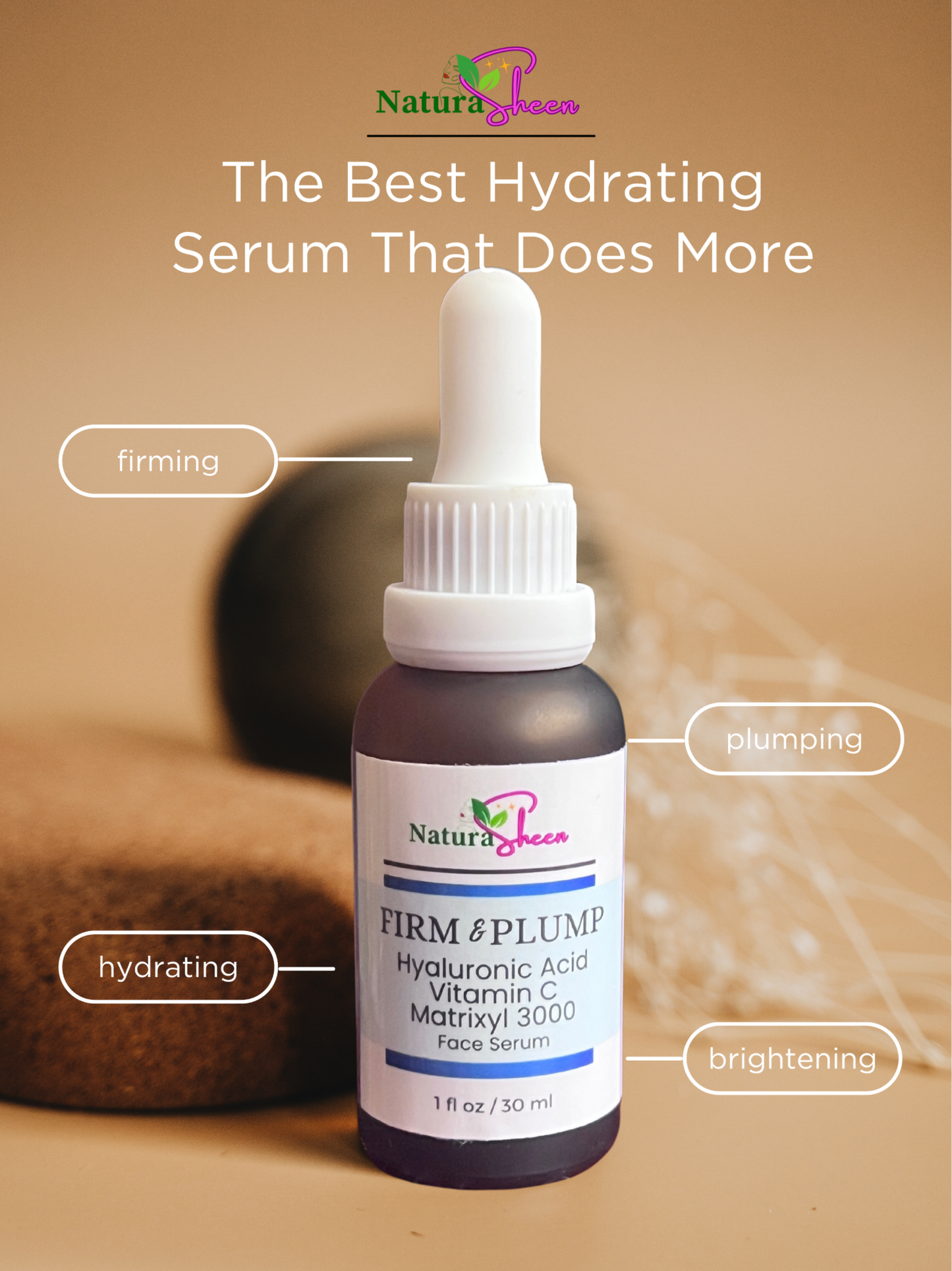 FIRM & PLUMP. HYALURONIC ACID + VITAMIN C + MATRIXYL 3000 TM SERUM. BRIGHTENING, ANTI-AGING,MOISTURIZING, WRINKLE REDUCER.