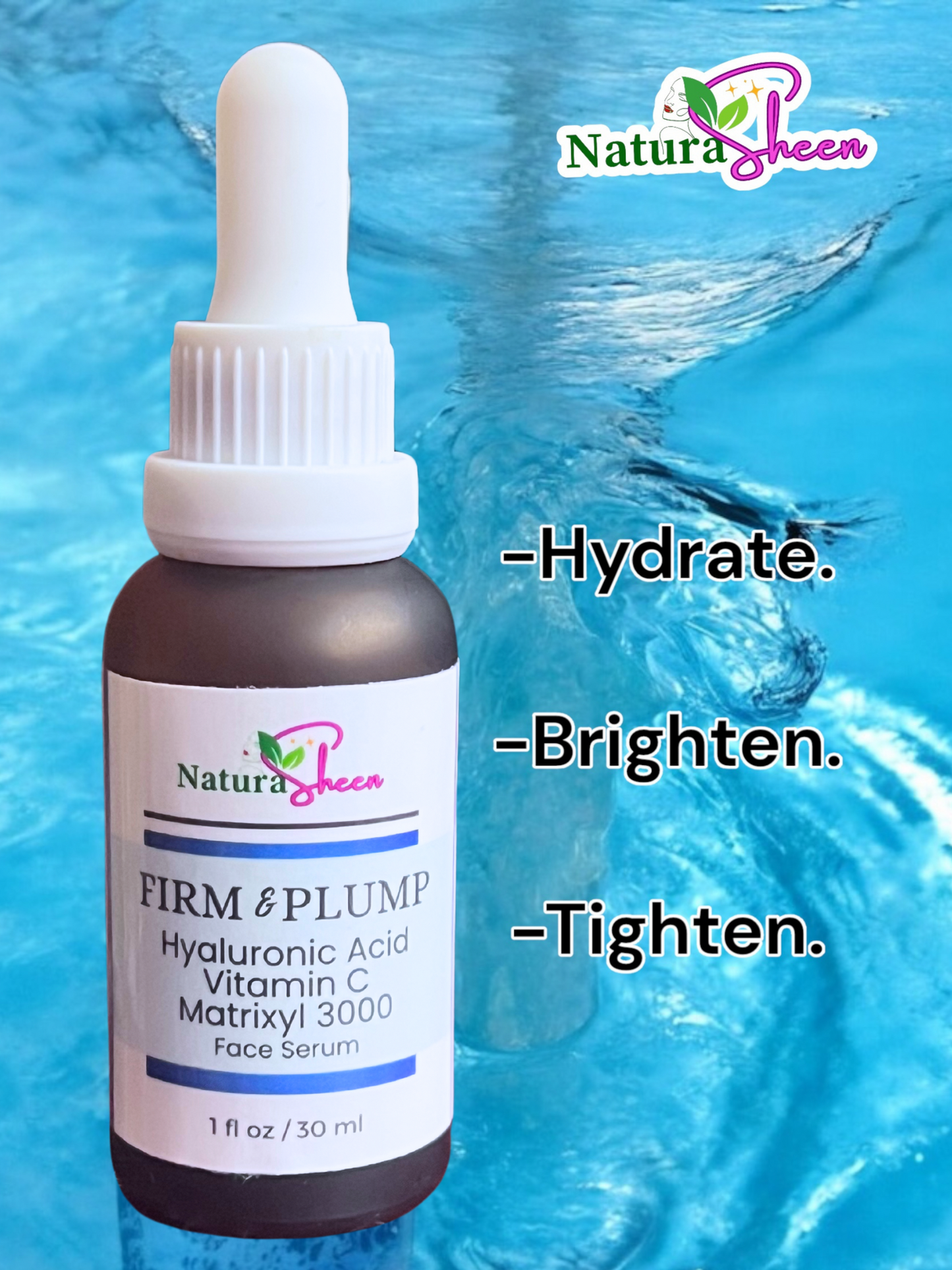 FIRM & PLUMP. HYALURONIC ACID + VITAMIN C + MATRIXYL 3000 TM SERUM. BRIGHTENING, ANTI-AGING,MOISTURIZING, WRINKLE REDUCER.