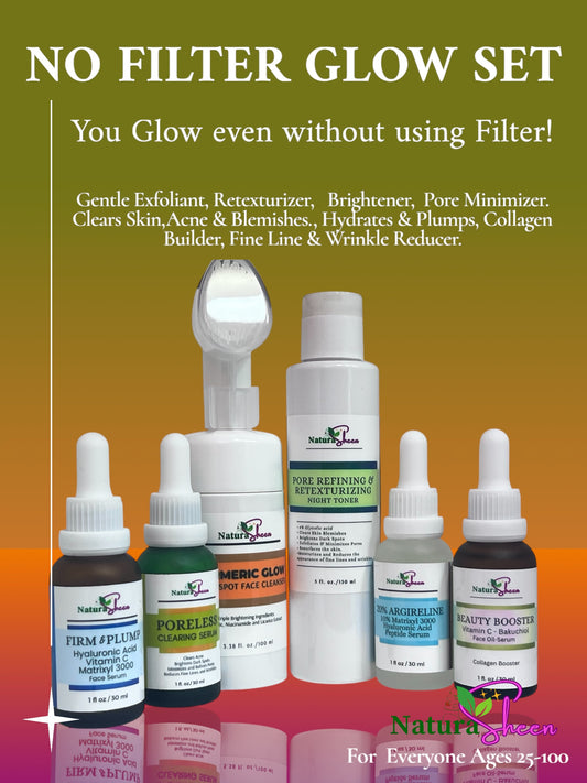 NO FILTER GLOW SET. Naturasheen. Gentle Exfoliant, Retexturizer,   Brightener,  Pore Minimizer. Clears Skin,
Acne & Blemishes., Hydrates & Plumps, Collagen Builder, Fine Line & Wrinkle Reducer.