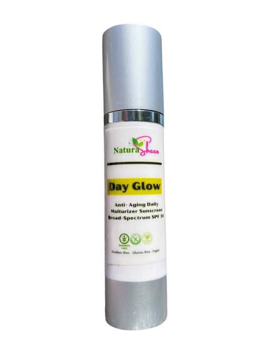 Day Glow Anti-Aging Moisturizer. BROAD SPECTRUM SPF 30. Vegan. Paraben-Free. Gluten-Free.