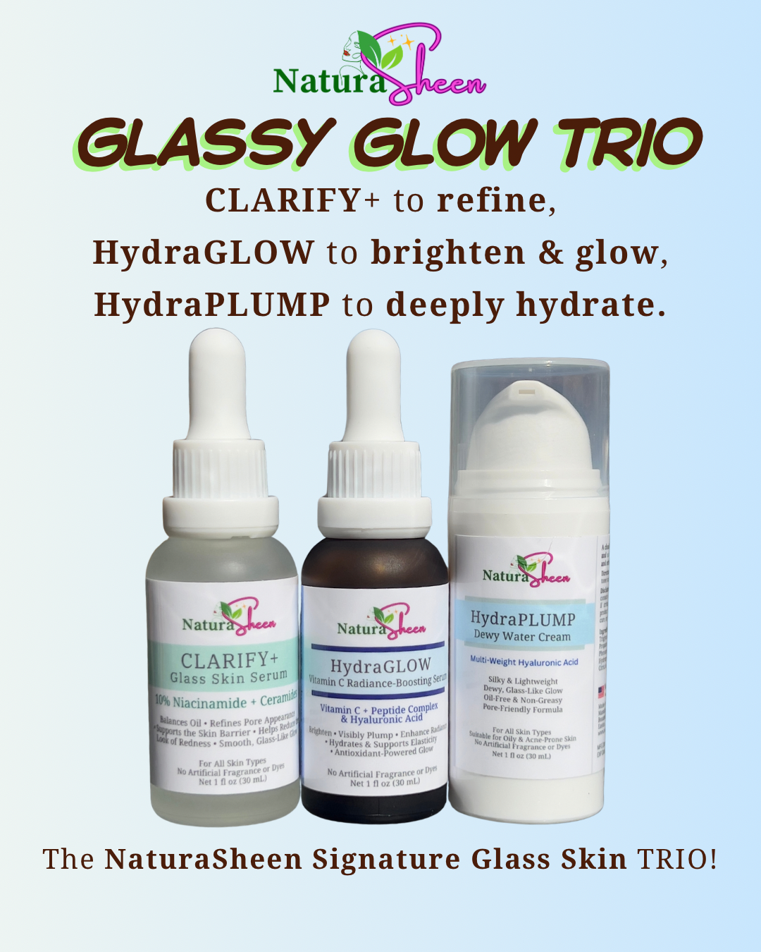 GLASSY GLOW TRIO + Free Gentle Plant Based Cleanser and Toner