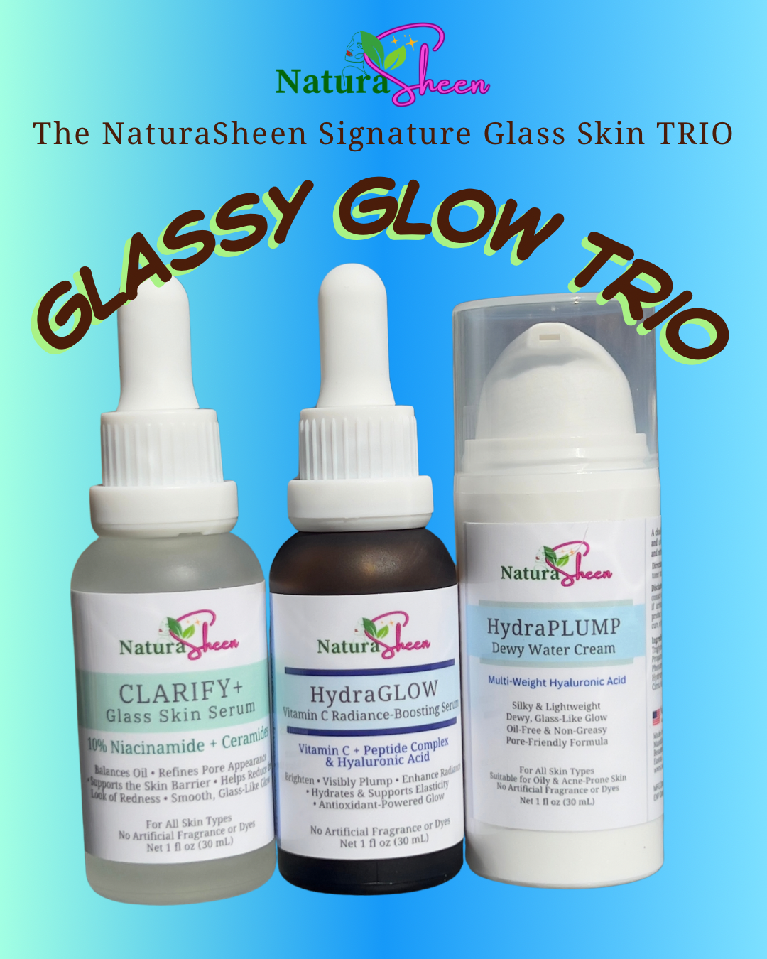 GLASSY GLOW TRIO + Free Gentle Plant Based Cleanser and Toner