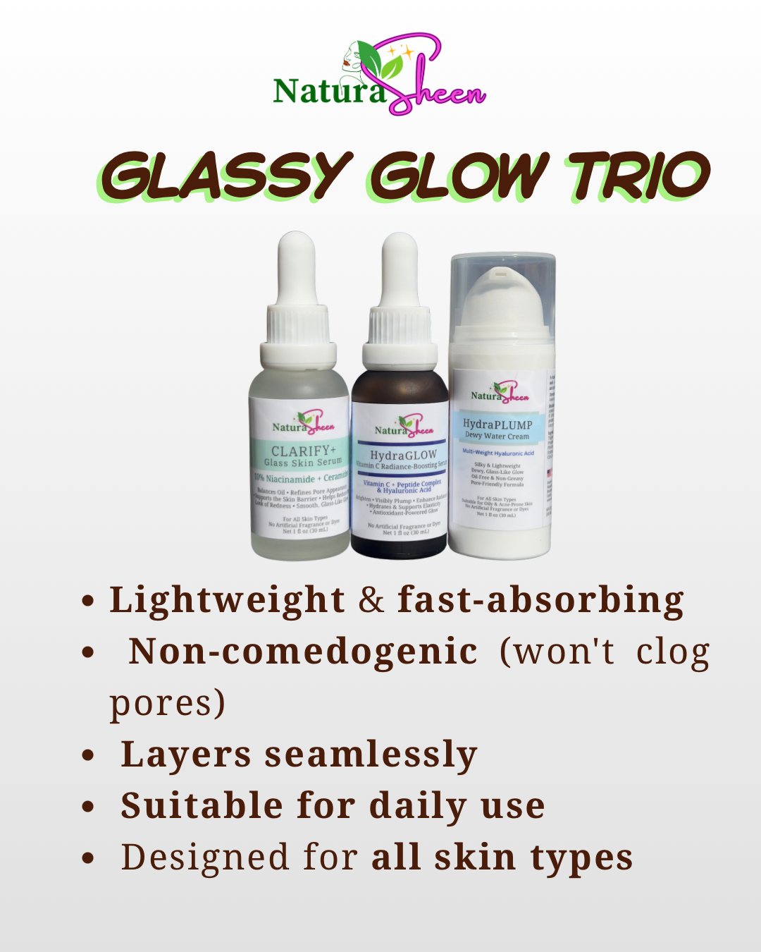 GLASSY GLOW TRIO + Free Gentle Plant Based Cleanser and Toner