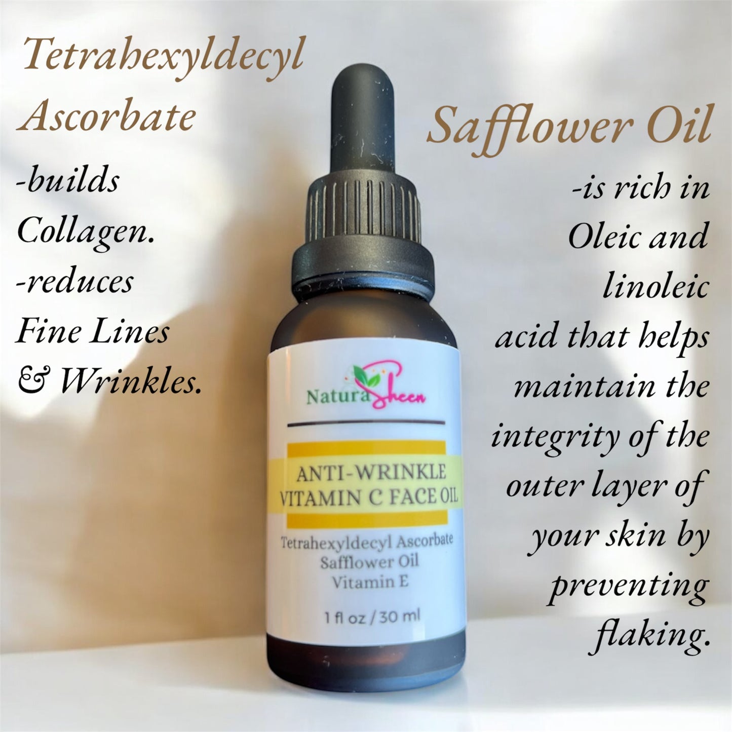 Anti-Wrinkle Vitamin C Face Oil. Tetrahexyldecyl Ascorbate THDA Vitamin C Face Oil with Vitamin E, Safflower Oil, and Licorice Extract. Fragrance Free. No preservatives or artificial dyes. Brightening Radiant Hydrate Moisturize