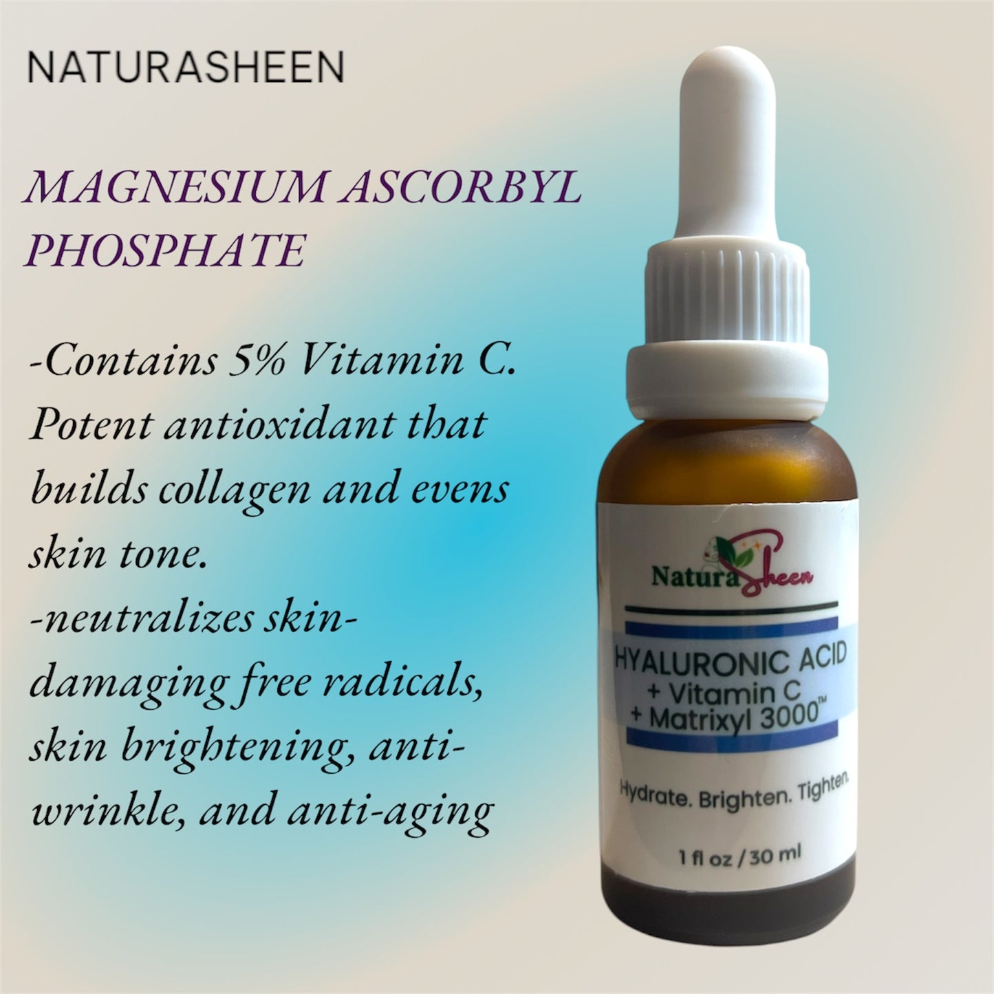 HYALURONIC ACID + VITAMIN C + MATRIXYL 3000 TM SERUM. BRIGHTENING, ANTI-AGING,MOISTURIZING, WRINKLE REDUCER.