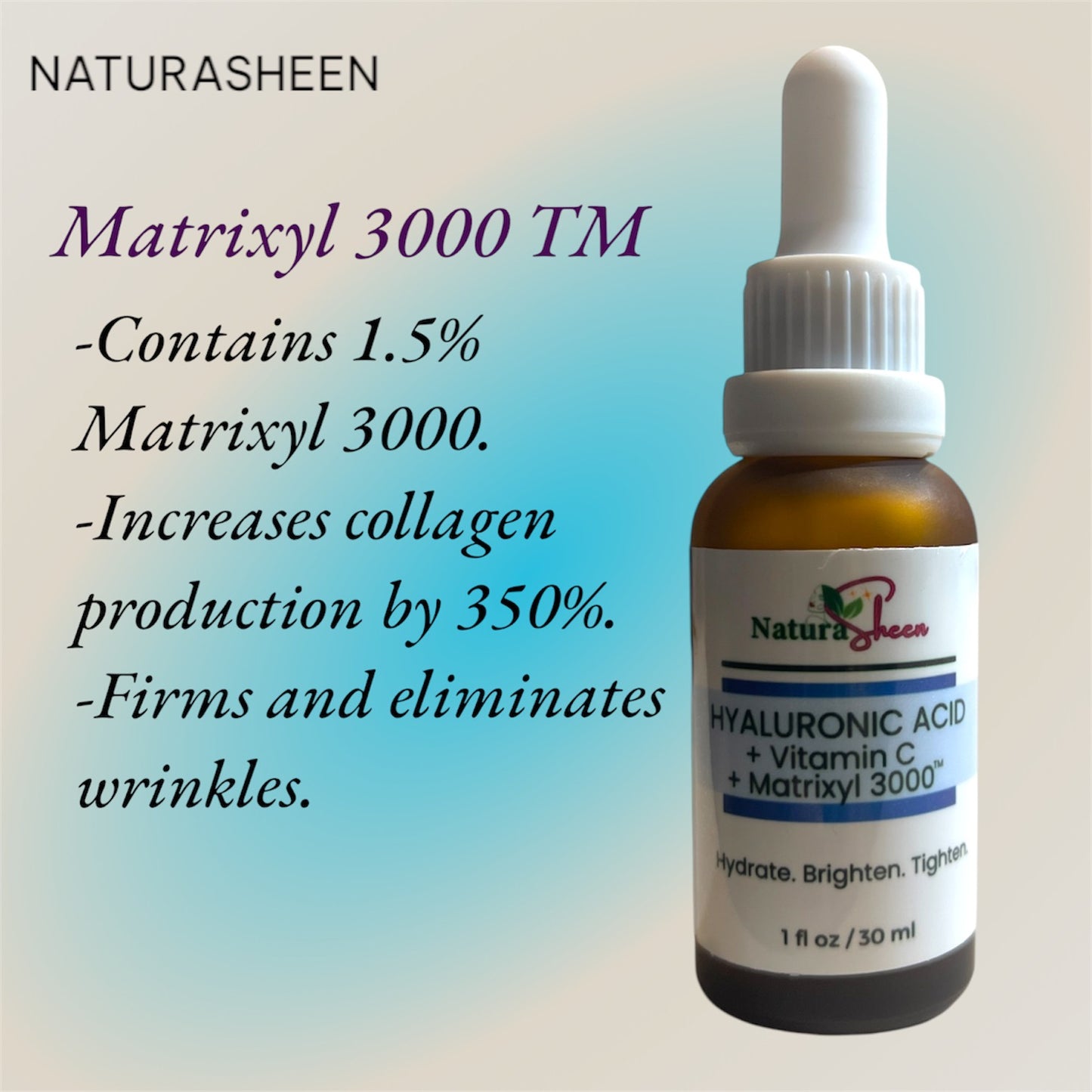 HYALURONIC ACID + VITAMIN C + MATRIXYL 3000 TM SERUM. BRIGHTENING, ANTI-AGING,MOISTURIZING, WRINKLE REDUCER.