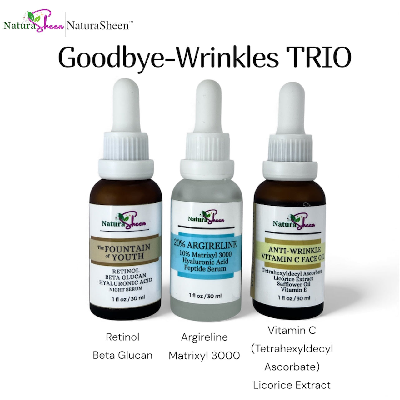 GOODBYE WRINKLES TRIO! RETINOL, ARGIRELINE, MATRIXYL 3000, 100% HYALURONIC ACID, TETRAHEXYLDECYL ASCORBATE(THDA), SAFFLOWER OIL